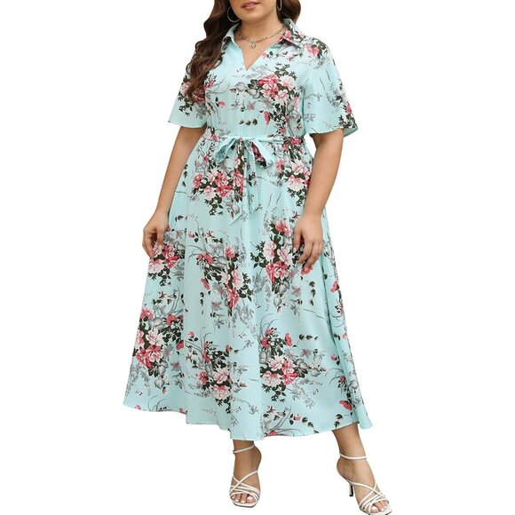 Plus Size Wedding Guest Dress Floral Maxi 3/4 Sleeve Pockets V-Neck - Picture 1 of 7